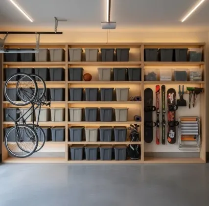 A clean, organized garage with wooden shelves, labeled bins, and sports gear under warm light shows extra home storage.